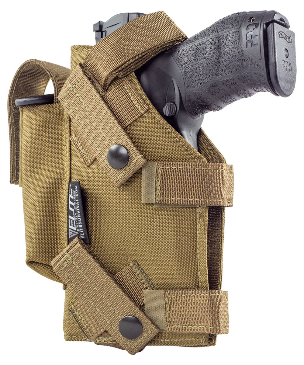 MOLLE Holster in coyote tan, MOLLE attachment straps showing