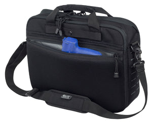 Concealed carry messenger bag with gun compartment showing, black color