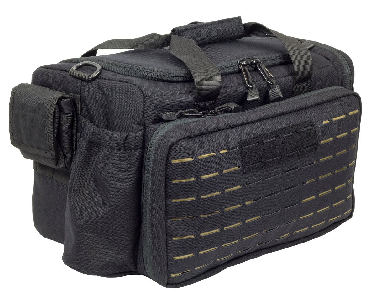 Loadout Range Bag for Pistols. Shown in Black with Tan interior.