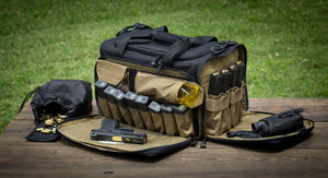 The fully-loaded Loadout Range Bag shown at full capacity. The coyote colored interior allows the user to better see internal contents.