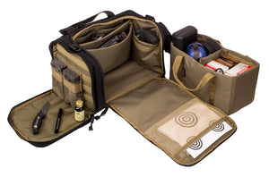 The Elite Loadout Range Bag shown fully open, with pistols and accessories. The lift-out caddy has ample room for spare ammo and hearing protection.