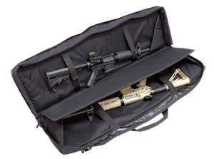 Double rifle case interior picture showing two guns tied down inside, in black color