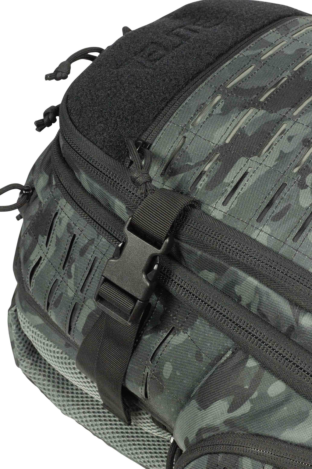Closeup of CCW backpack, showing laser MOLLE and black camouflage.