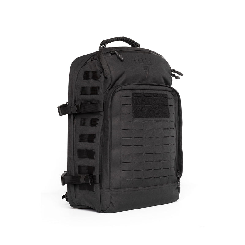 Strike 24-Hour Backpack 34L in black, angled front view showing laser-cut MOLLE panel, loop patch panel, and side MOLLE webbing