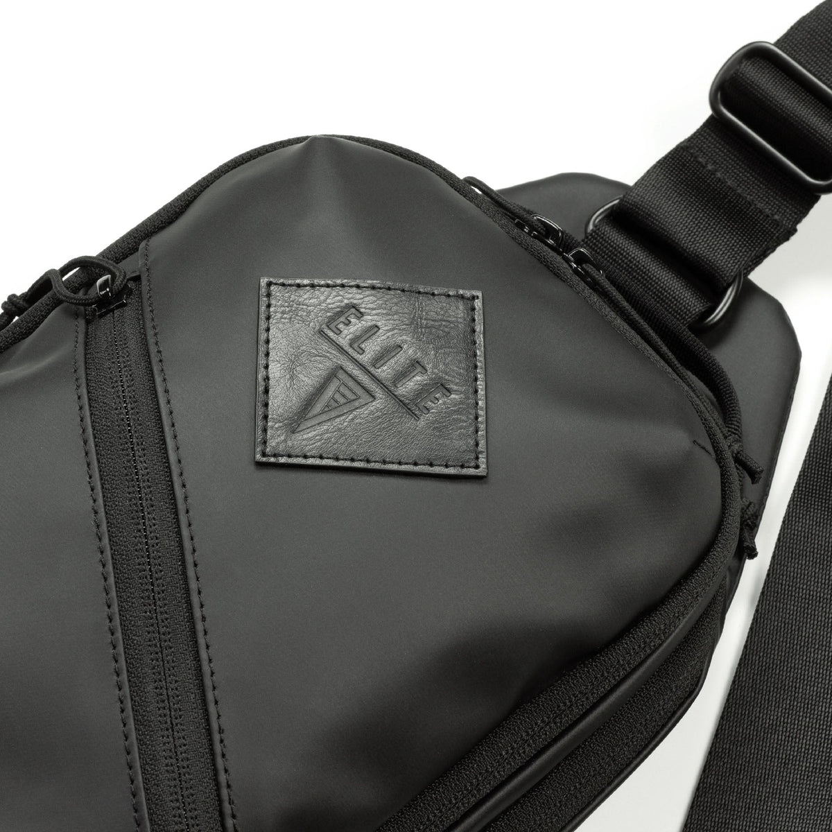 Black shoulder bag with a brand logo on a white background