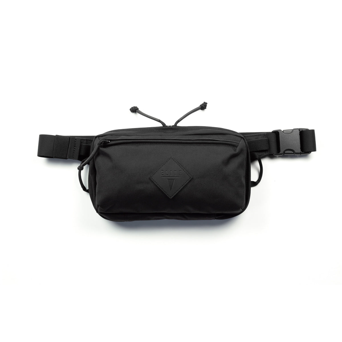 A black nylon fanny pack with a central zippered pocket, a black diamond-shaped logo patch on the front, and an adjustable black webbing belt with a plastic buckle, shown against a plain white background.