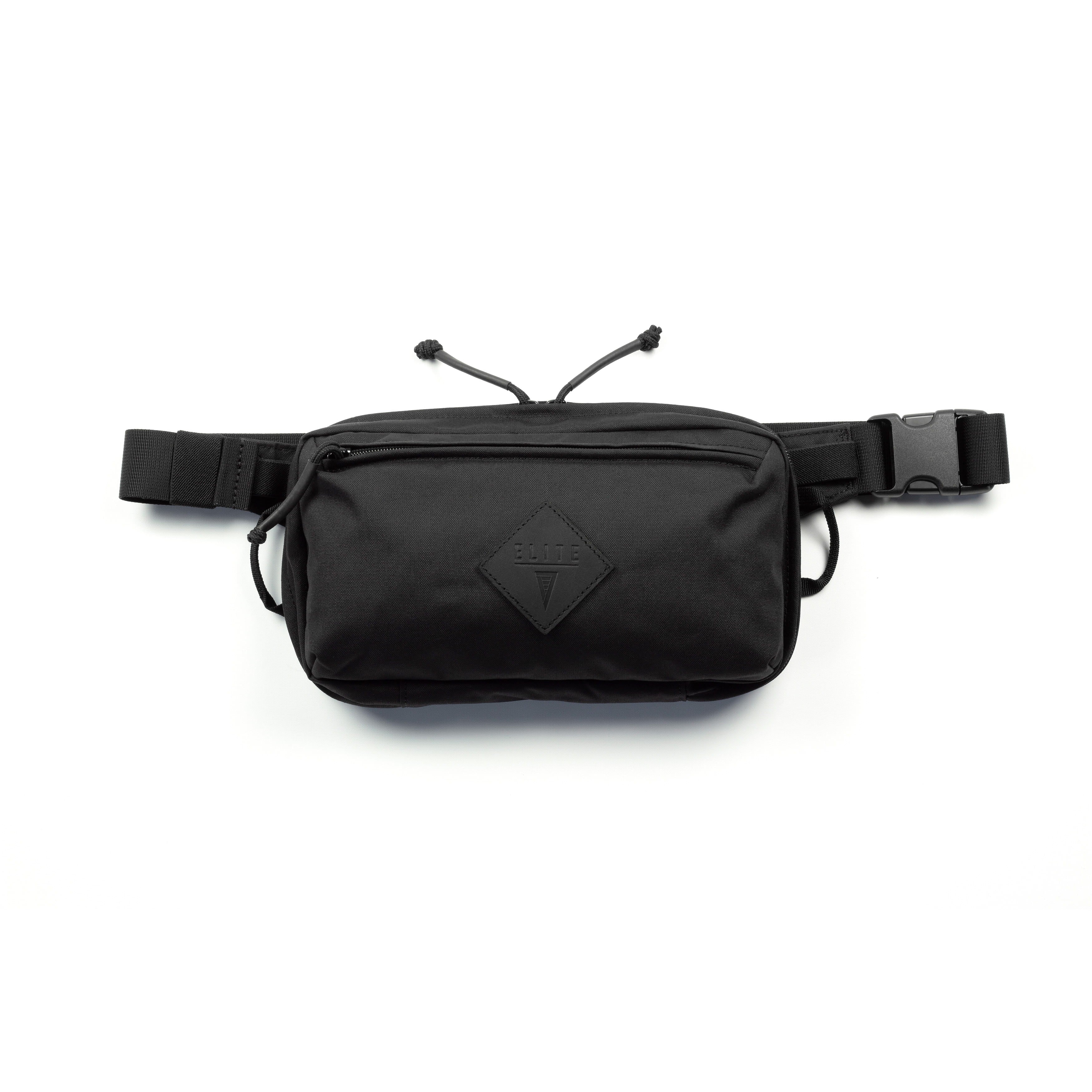A black nylon fanny pack with a central zippered pocket, a black diamond-shaped logo patch on the front, and an adjustable black webbing belt with a plastic buckle, shown against a plain white background.