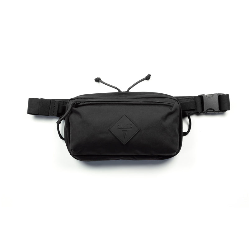 A black nylon fanny pack with a central zippered pocket, a black diamond-shaped logo patch on the front, and an adjustable black webbing belt with a plastic buckle, shown against a plain white background.