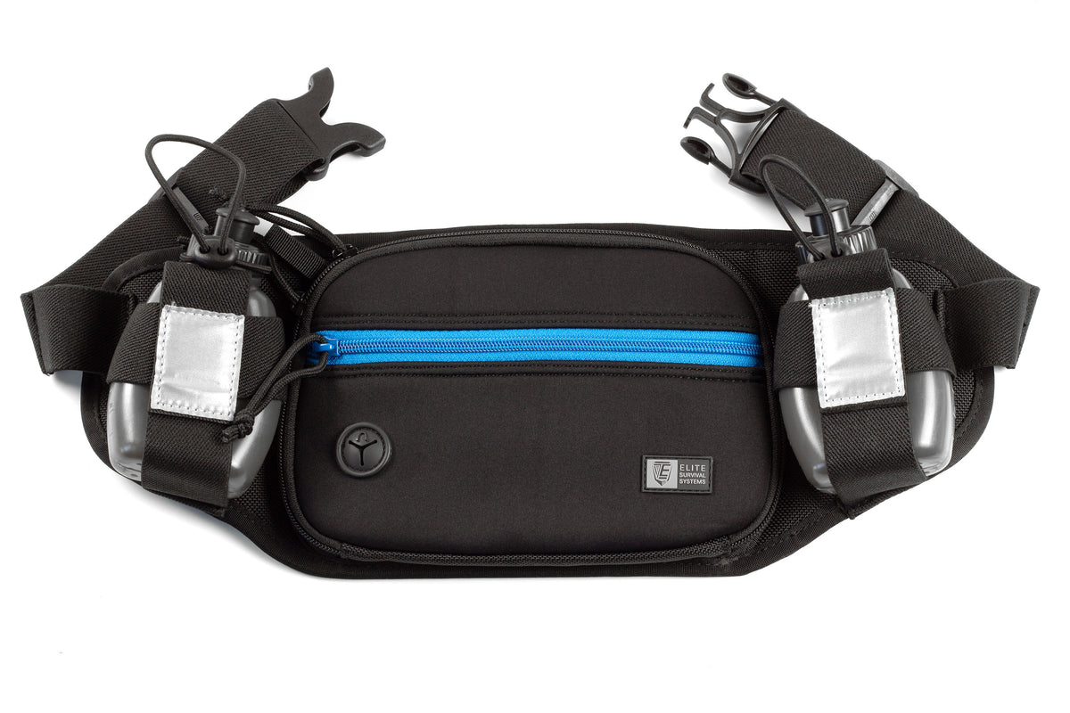 Marathon Runner's Gun Pouch shown with blue accent zipper.