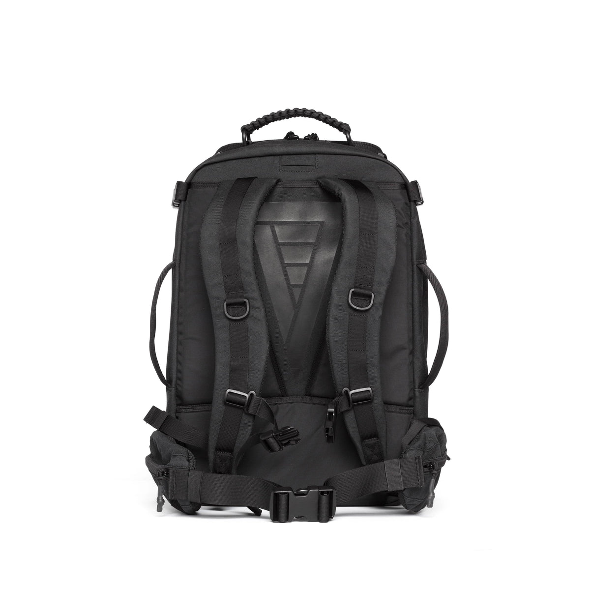 A black tactical backpack shown from the back, featuring padded shoulder straps, a textured back panel, compression straps, and a top carry handle, set against a plain white background.