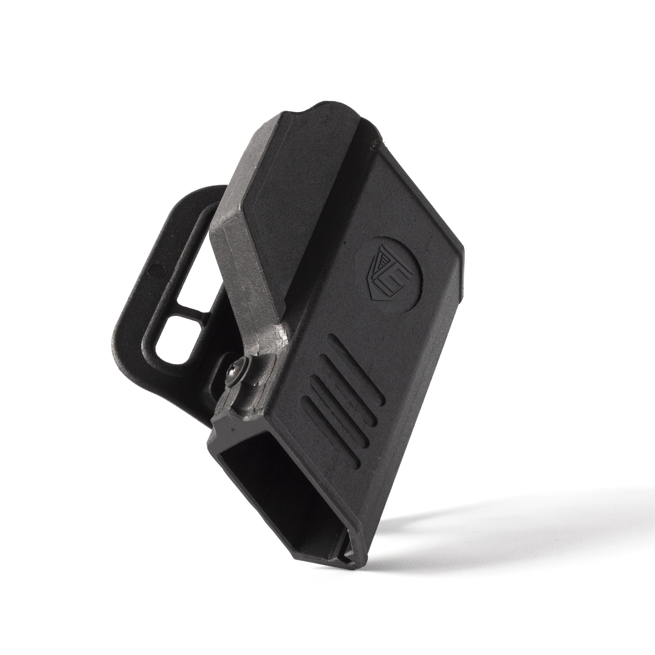 Black plastic clip on a white background