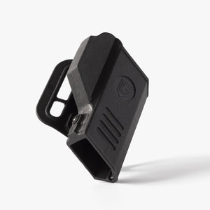 Black plastic clip on a white background