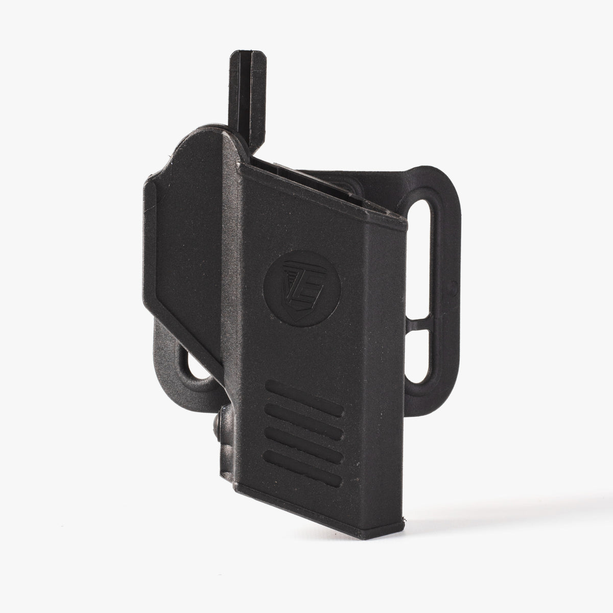 Black tactical magazine pouch on a white background