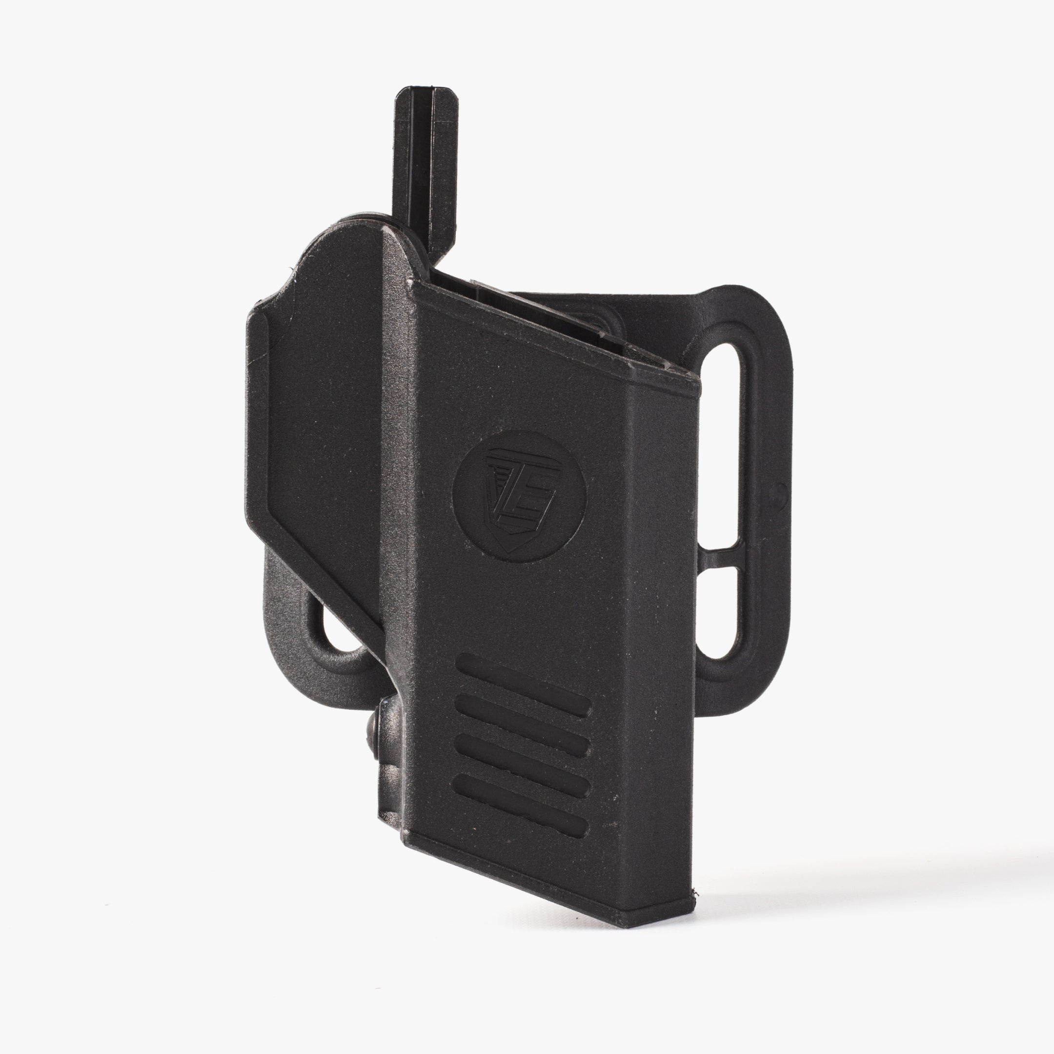 Black tactical magazine pouch on a white background