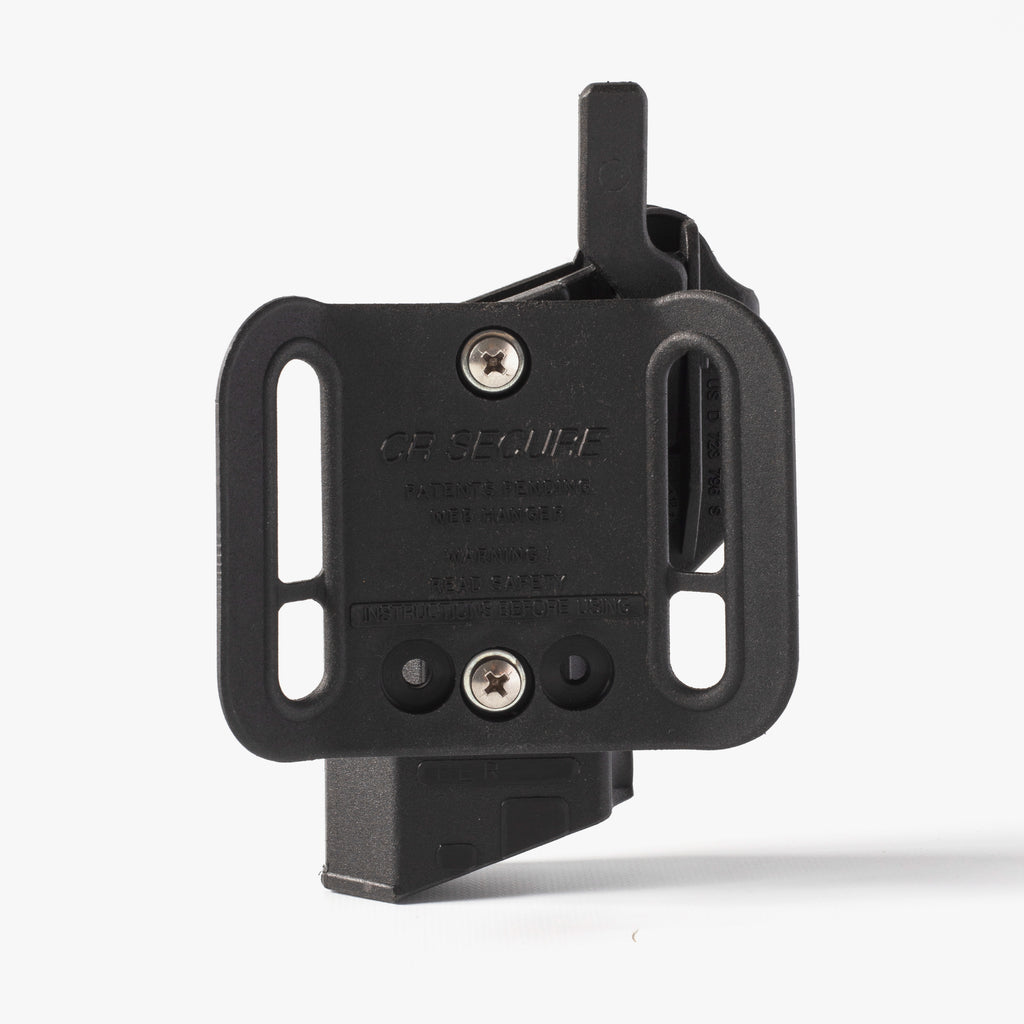 Black metal bracket with screws on a white background