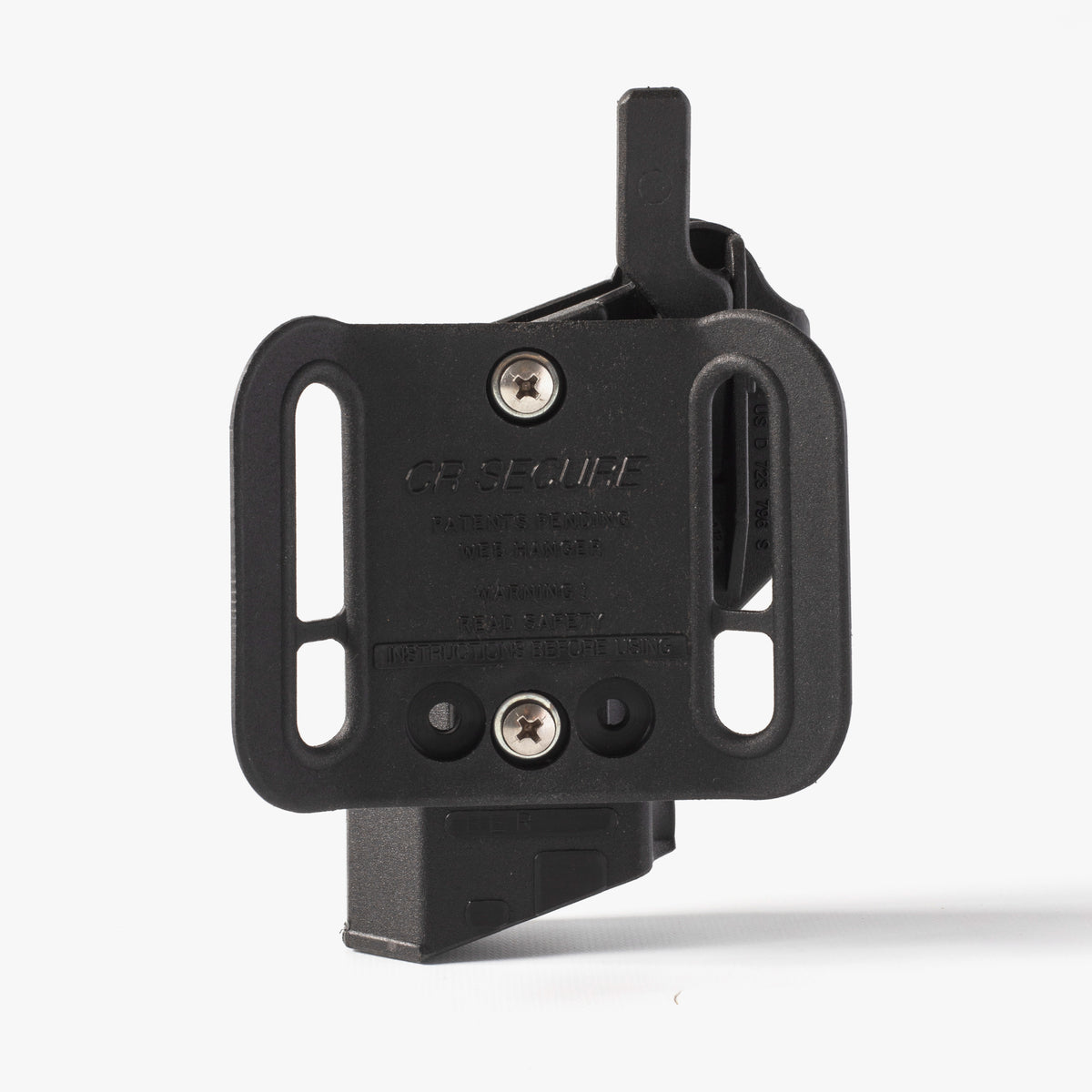 Black metal bracket with screws on a white background