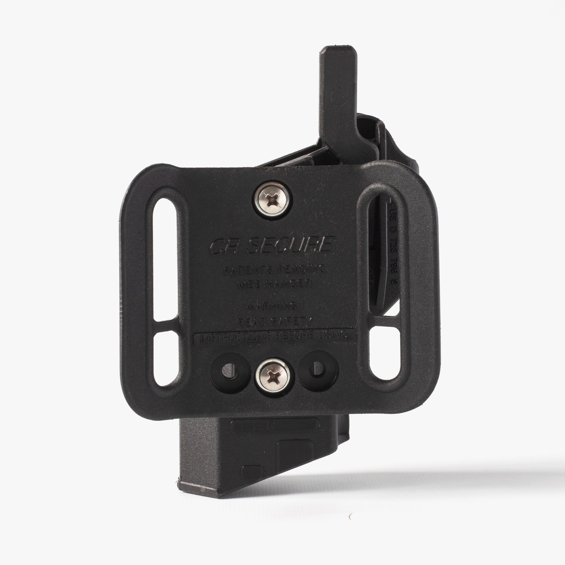 Black metal bracket with screws on a white background