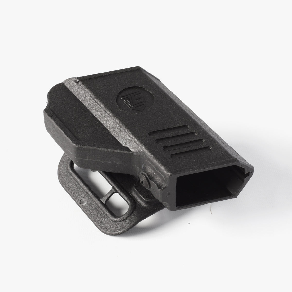 Black plastic clip on a white background