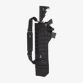 Black tactical rifle stock with shoulder strap on a white background