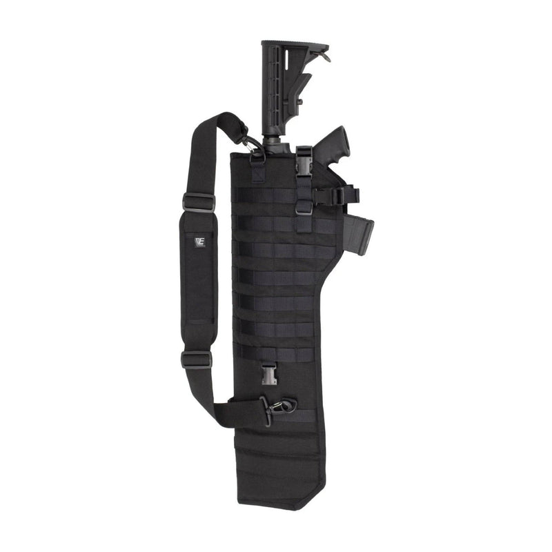 Black tactical rifle stock with shoulder strap on a white background
