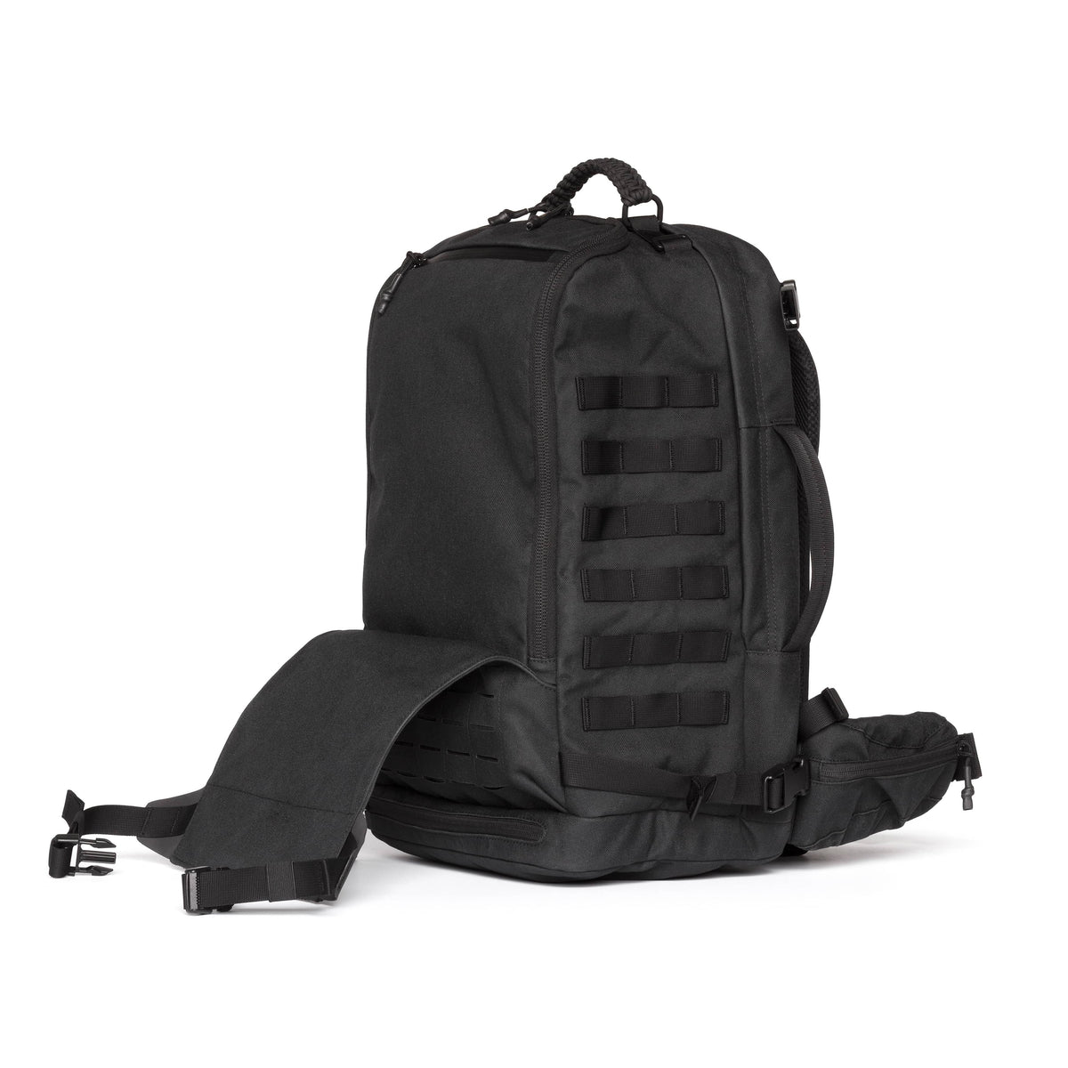 A black tactical backpack with MOLLE webbing on the front, a top carry handle, and an adjustable shoulder strap extended to the left, shown against a plain white background.