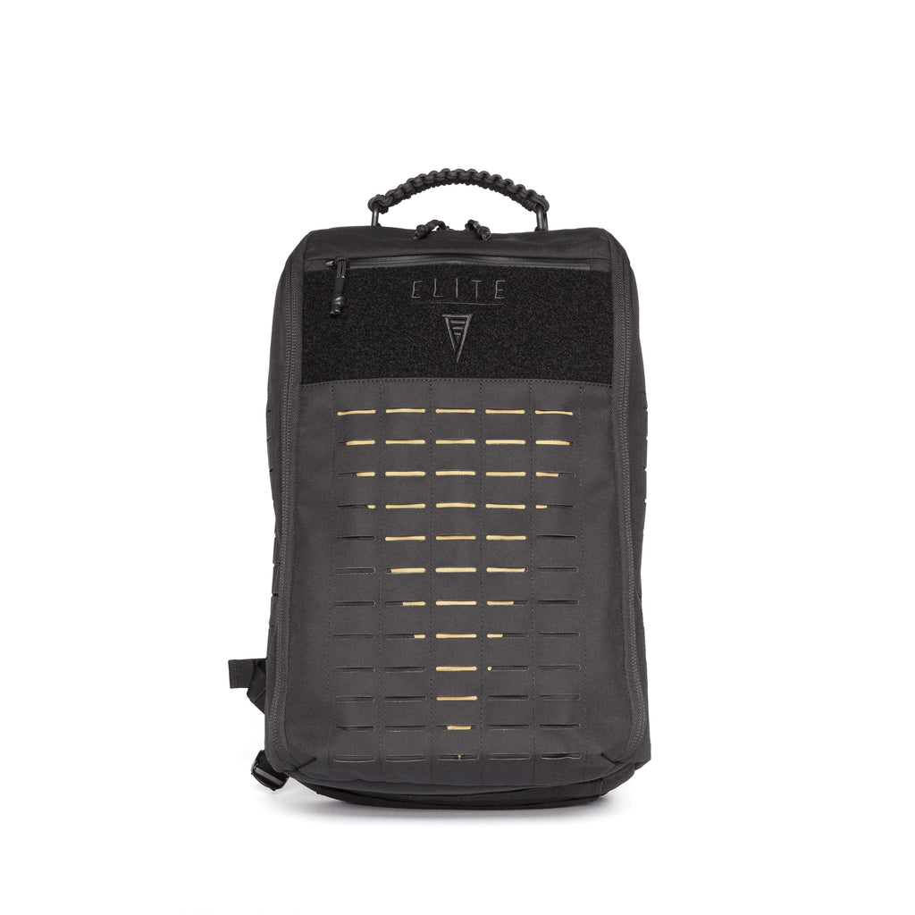 A black tactical backpack with a textured front panel, a black top flap featuring the ELITE brand name and logo, and horizontal cutout details, shown against a plain white background.