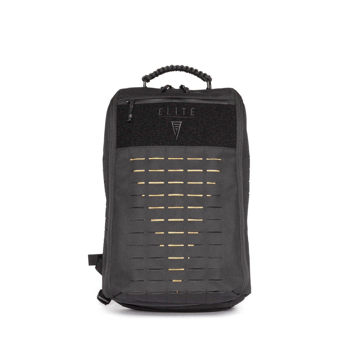 A black tactical backpack with a textured front panel, a black top flap featuring the ELITE brand name and logo, and horizontal cutout details, shown against a plain white background.