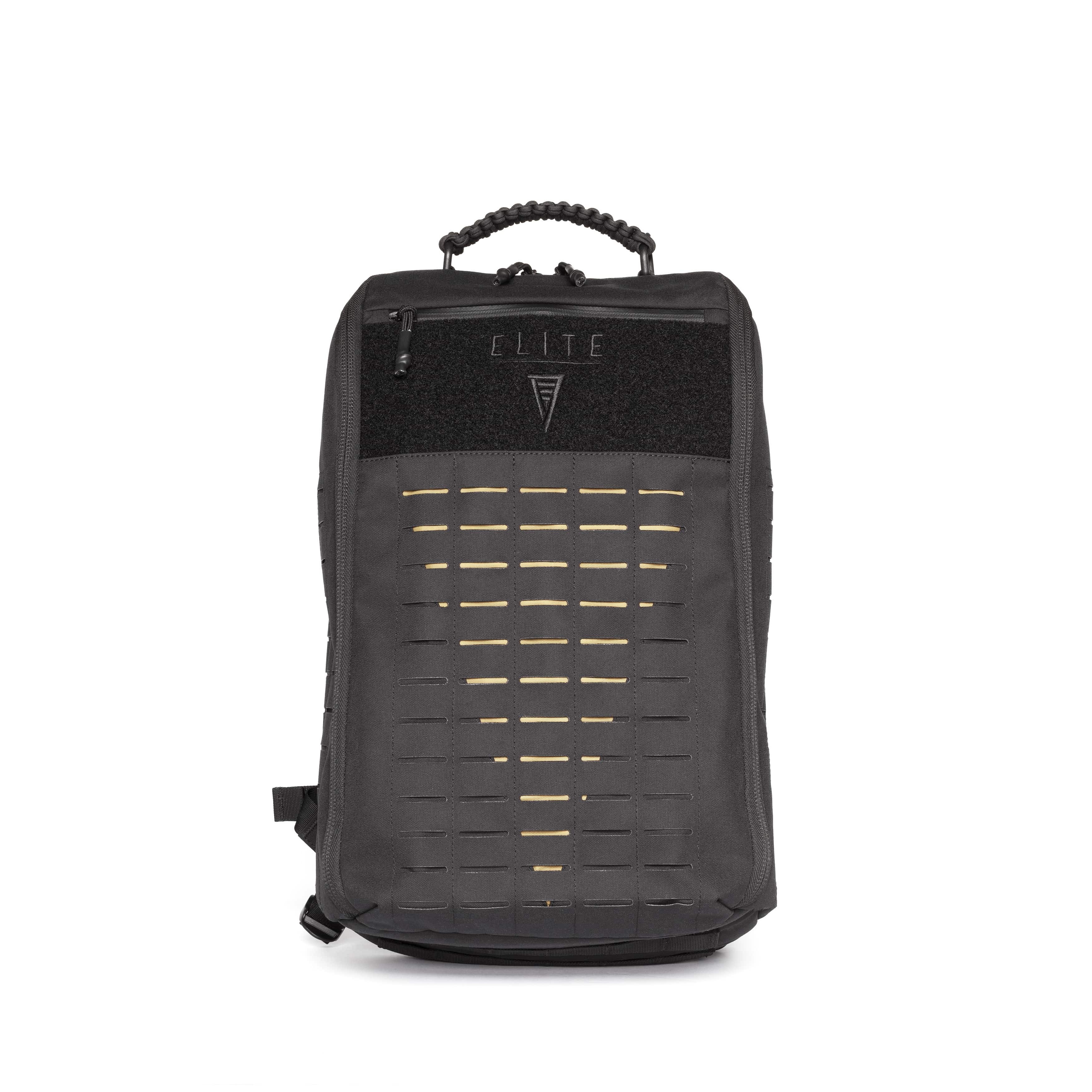 A black tactical backpack with a textured front panel, a black top flap featuring the ELITE brand name and logo, and horizontal cutout details, shown against a plain white background.