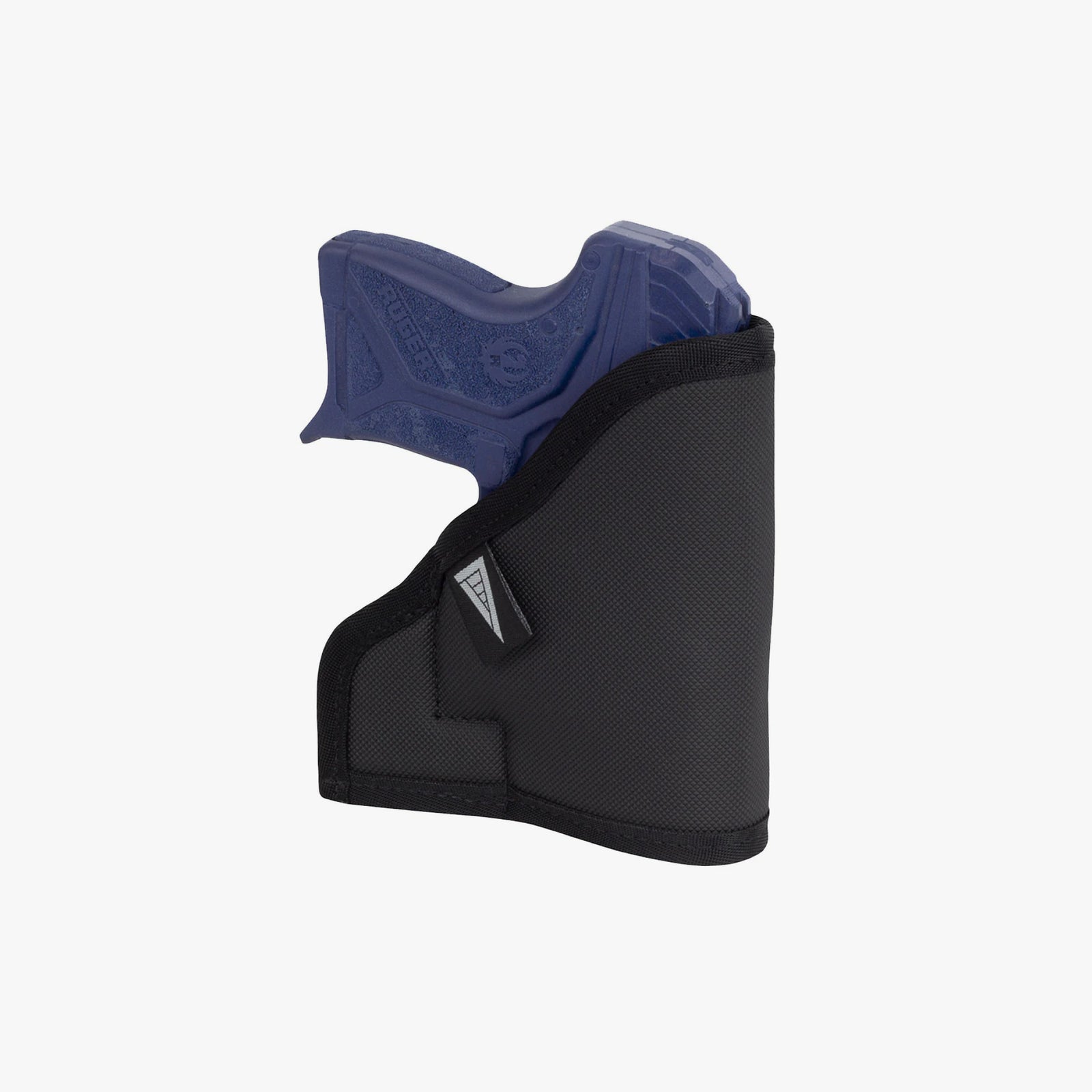 Black gun holster with blue gun on a white background