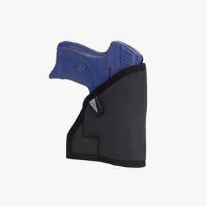 Black gun holster with blue gun on a white background