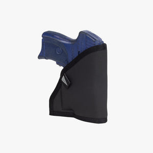 Black gun holster with blue gun on a white background
