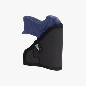 Black gun holster with blue gun on a white background