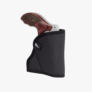 Black holster with a knife featuring a wooden handle on a white background