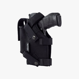 Black gun holster with a handgun on a white background