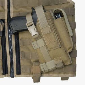 Close-up of a tan tactical vest with multiple pouches and straps on a white background