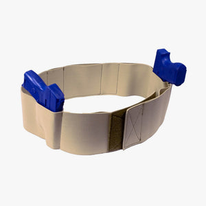 Beige belt with blue plastic clips on a white background