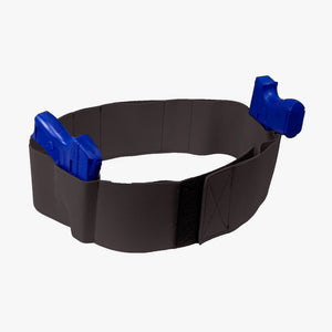 Black belt with blue plastic clips on a white background
