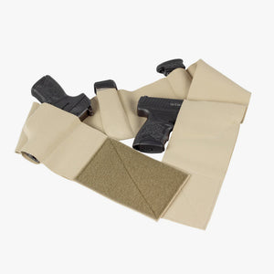 Tan gun holster with two black guns on a white background