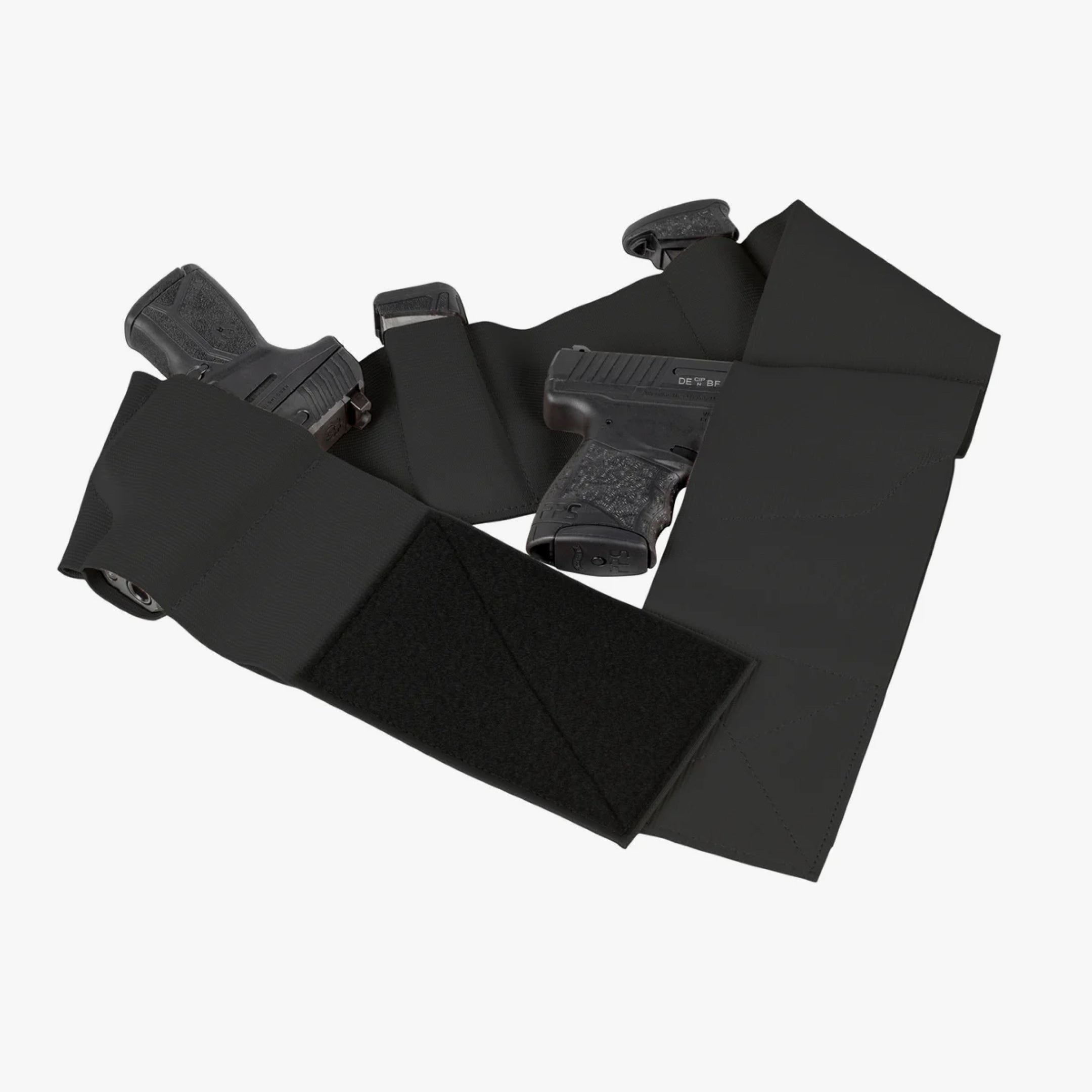 Black gun holsters and a gun on a white background