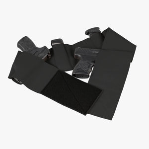 Black gun holsters and a gun on a white background