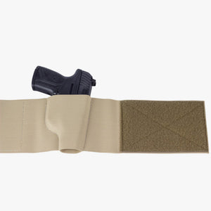 Tan belt with a black gun holster on a white background