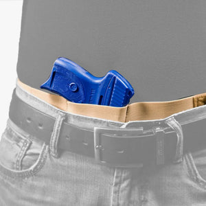 Blue gun holster on a beige belt worn by a person with gray pants.