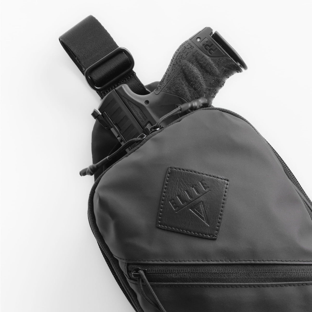 Black sling bag with a visible brand logo on a white background