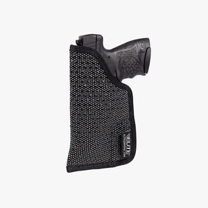 Black gun holster with a gun inside on a white background