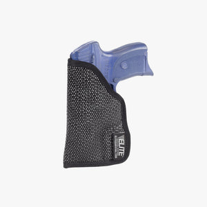 Black gun holster with a clear blue gun on a white background