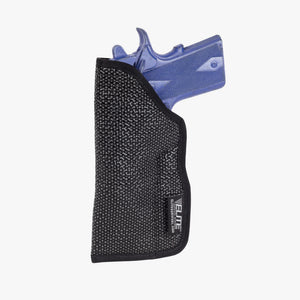 Black gun holster with a blue gun on a white background