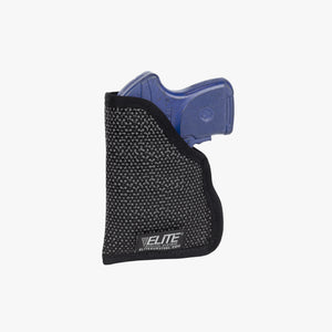 Black gun holster with blue gun on a white background
