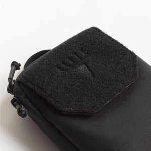 Black pouch with a brand logo on a white background