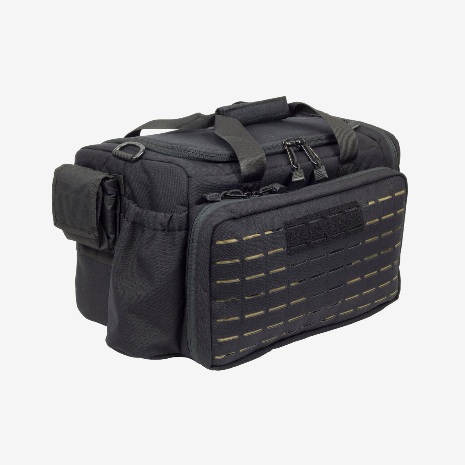 Loadout Range Bag for Pistols. Shown in Black with Tan interior.