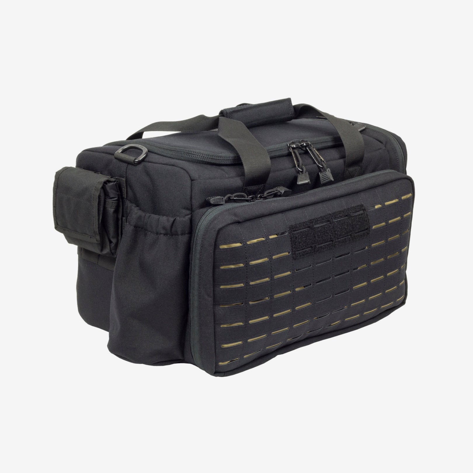 Loadout Range Bag for Pistols. Shown in Black with Tan interior.